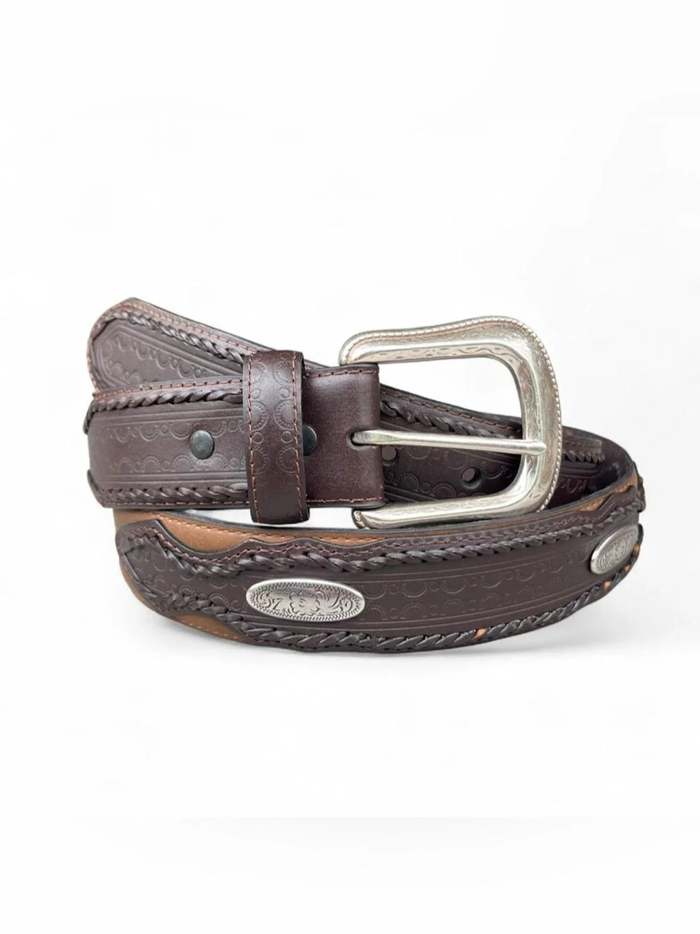 Blue Mountain Leather Western Concho Belt Brown Embossed Size 42 Cowboy Rodeo